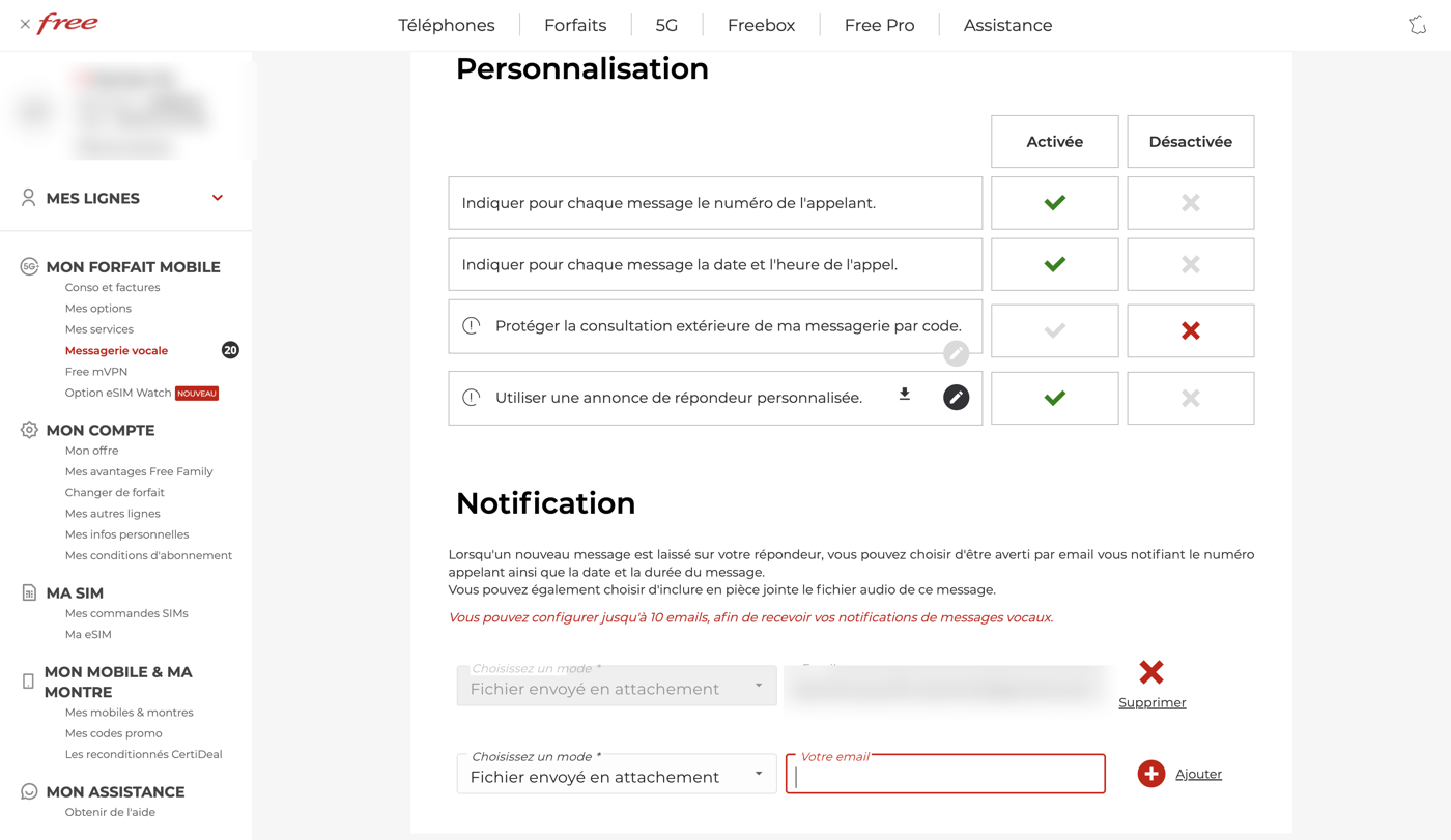 Carrier voicemail settings: the Notification section, choosing the mode that sends the audio file as an attachment, and adding an email address